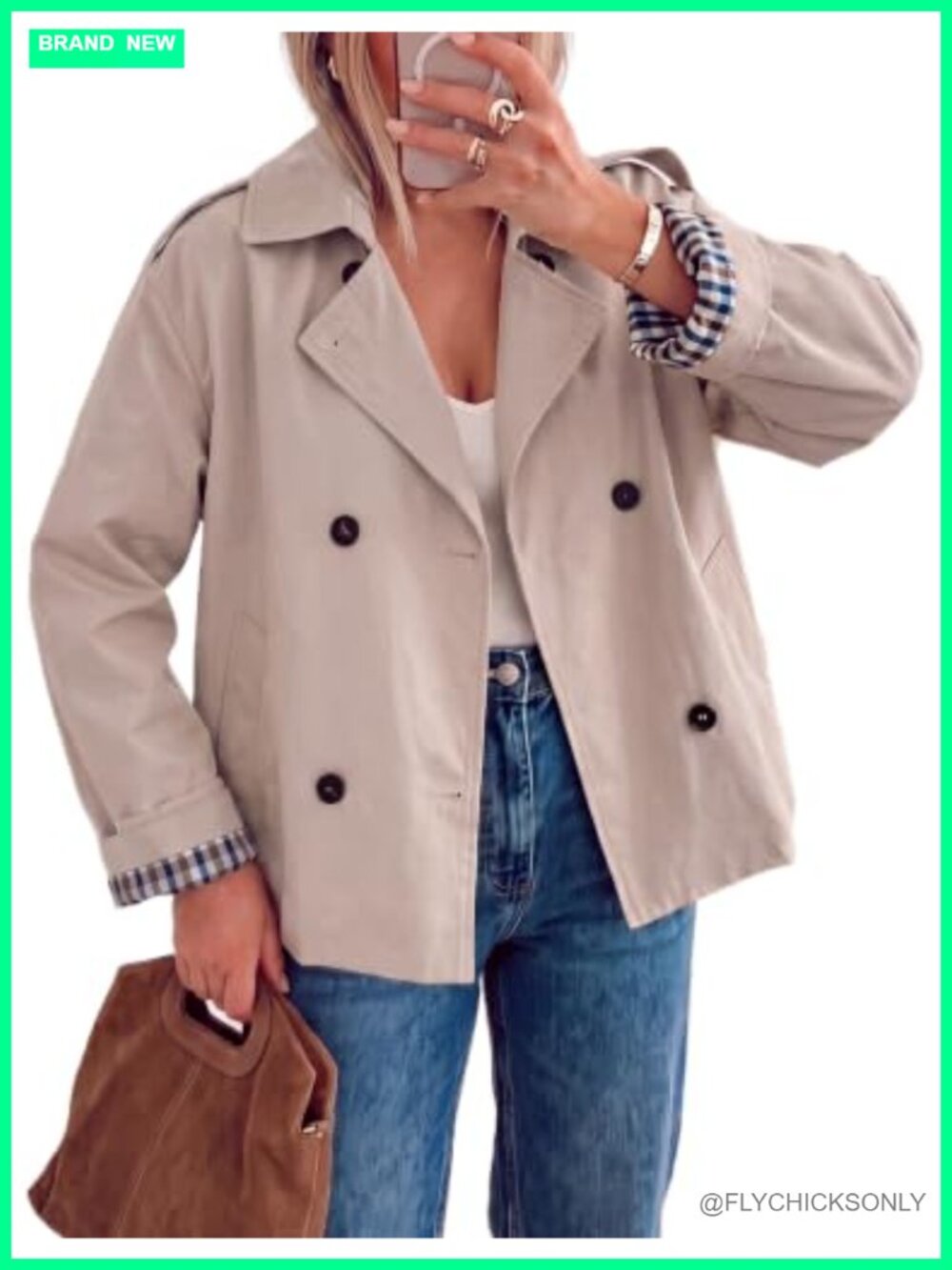 Cropped Trench Coat Double Breasted Short Jacket w/ Plaid Lining